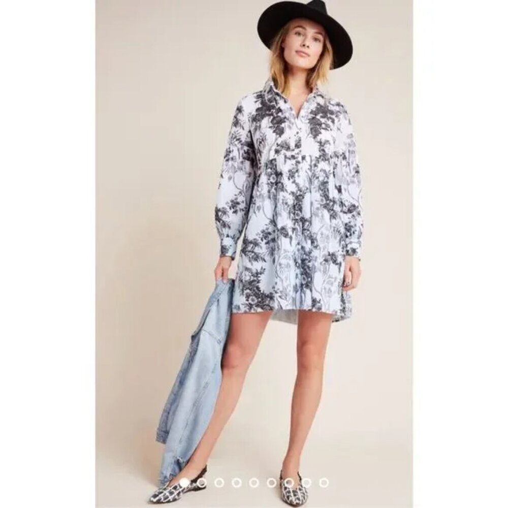 by Anthropologie White Black Ombre Floral Lavinia Embroidered Shirt Dress sz 8